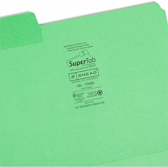 Smead Erasable SuperTab File Folder, Erasable Oversized 1/3-Cut Tab, Letter Size, Assorted Primary Colors, 24 per Pack (10480)