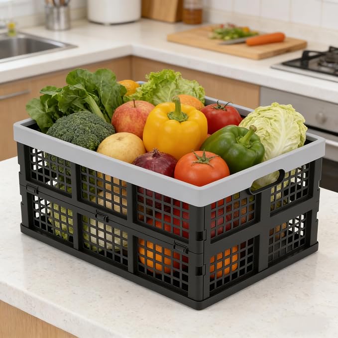 Collapsible Milk Crate, Black, 3PK 30L Stackable Containers Folding Crates, Heavy Duty Plastic Collapsible Storage Bins for Multi Purposes