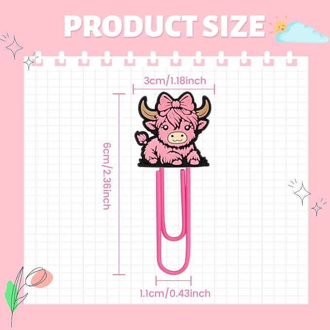 Cute Paper Clips, 50Pcs Highland Cow Bookmark Paperclips Bulk Metal Fun Cute Cow Planner Clip Charms Clamp Desk Accessories Stationery Colorful Office Supplies Gifts for Student Teacher Party Decor