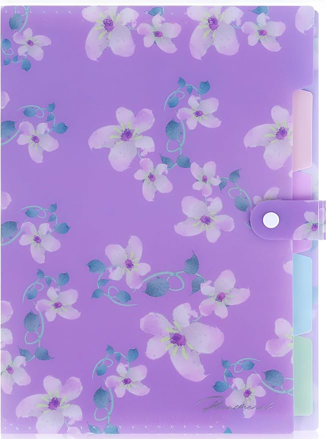 Flower Series Expanding File Folder, Vintage Floral Elegant Funky Cute Retro Document Organizer for Document Arrangement - Purple Floral