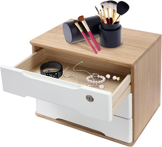 3-Tier Desk Organizer with Lockable Drawers,1 Locks & 2 Keys, Categorized Storage Desktop File Cabinet,Wooden Desktop Storage Box (Wood Color, White)