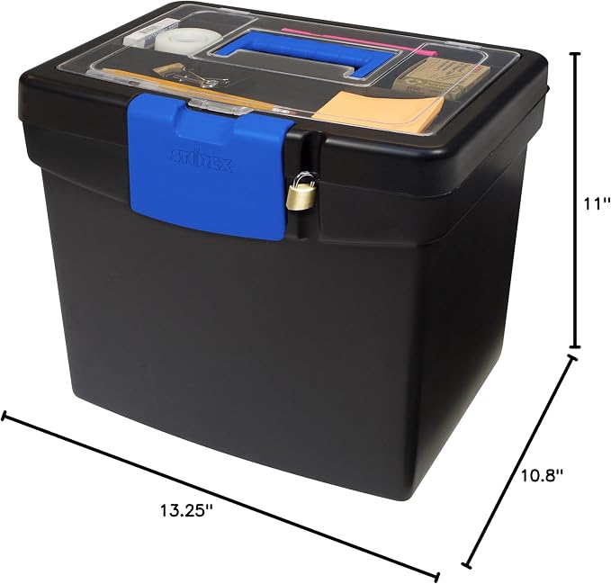 Storex Portable File Box with Organizer Lid – Plastic Office File Storage Box for Letter Paper and Hanging Folders, Black/Blue, 1-Count (61415B03C)