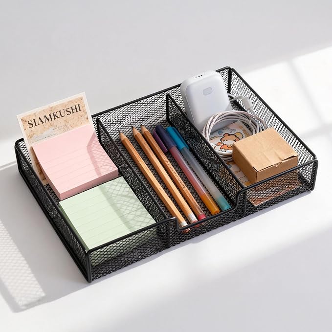 Desk Drawer Organizer, Metal Mesh Small Shallow Drawer Organizers Junk Organizer Tray with 3 Compartments, Pen Pencil Storage Box for Office Supplies Desk Accessories Workspace School Organization