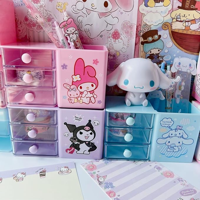 Roffatide Anime Desktop Drawer Desk Cartoon Office Supplies Container Pen Holder for Desk Cute Pencil Cup Pot Makeup Brush Holder Mini Box Blue