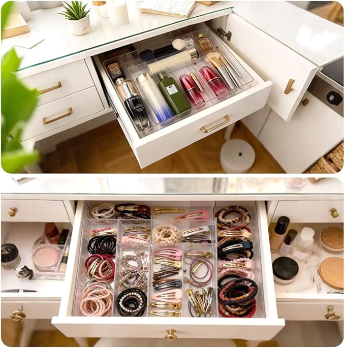 CEYAZYE Acrylic Expandable Drawer Organizer, Clear Makeup Vanity Dividers Trays with 8 Compartment, Versatile Desk Accessories Storage for Office Supplies Junk Silverware, (10.6"-16.9") x 10.6" x 2.3"