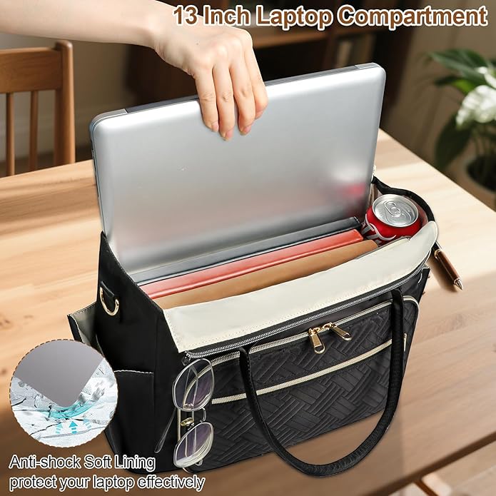 Veirdro Large Bible Tote Bag with Bible Cover Case for Women, Portable Church Bag with 13 Inch Laptop Compartment& 14 Pen Slots, Quilted Bible Purse with Shoulder Strap for Bible Study Supplies, Black
