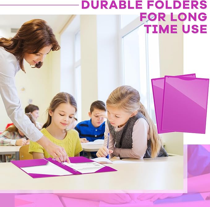 Henoyso 36 Pcs Plastic Folder with Clear Front Pocket and 3 Prong Plastic Folders with Card Slot Pocket Folders with Prongs for School Office (Neon Purple)