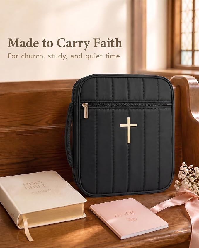 Wuflyover Bible Bag for Women with Study Set, Quilted Bible Cover Case with Handle, Bible Carrying Case for Church, Tabs, Notes, Pens and Highlighters, (Black+Study Accessories)