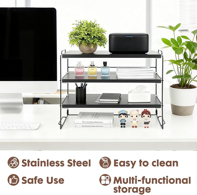 PowerKing Desk Shelf Organizer, 3-Tier Desktop Shelves with Wood Board, Adjustable Bookshelf Storage Rack for Home Office School Study Room (Black Frame + Black Wood)