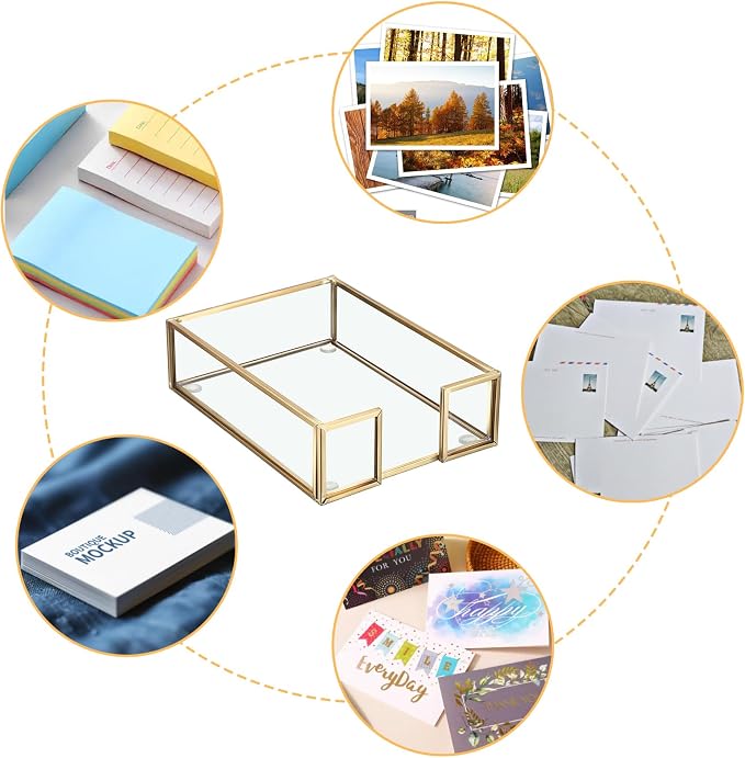 BTSKY Golden Glass Sticky Note Holder for 4x6 Inch Sticky Notes, Elegant Post It Note Dispenser with Non-Slip Pads Clear Notepad Holder for Desk Organization Planning, Home Office Decor