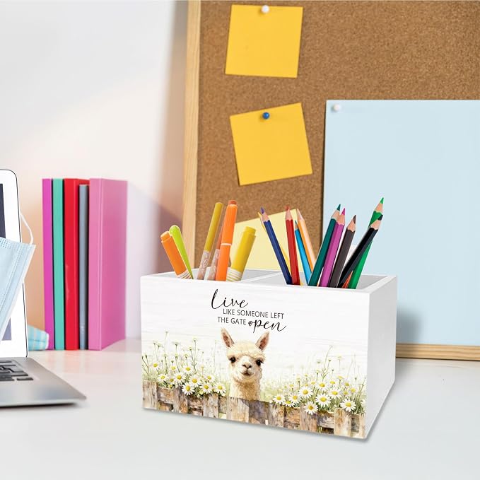 Rustic Daisy Floral Alpaca Pen Holder for Desk, Alpaca Llama Gifts Pencil Organizer, Live Like Someone Left the Gate Open Wooden Box Sign Desk Decor for Home Office Decoration