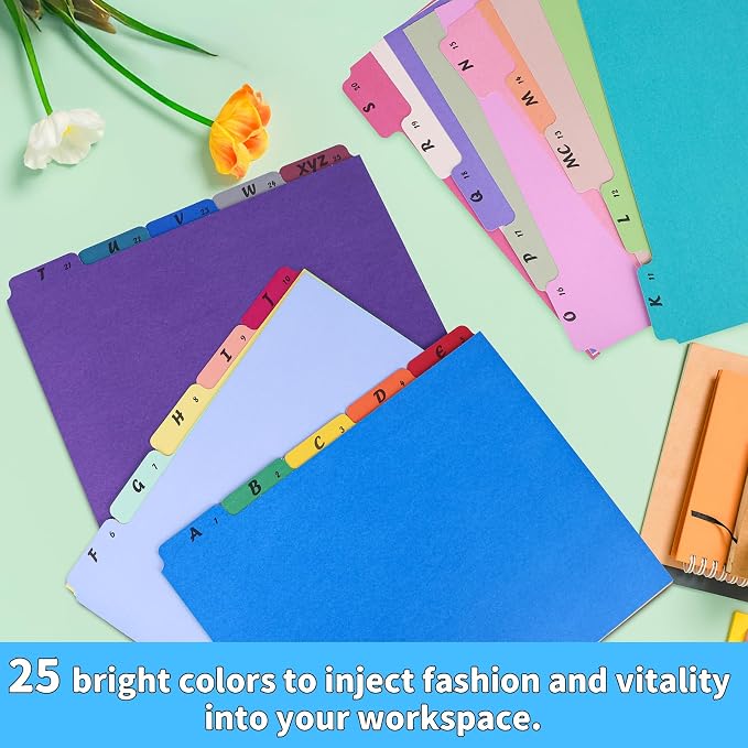 2 Set 50 Pcs Alphabetical File Organizer 25 Colors A-Z Top Tab Alphabet File Cabinet Dividers Letter-Size 1/5 Cut Tab File Folder Guide 500 GSM Heavyweight Manila Cardboard for Office Home School Desk