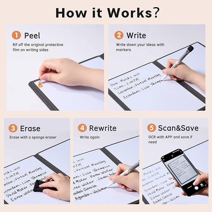 CoBak 2 Sides Portable White Board 12x9 inch (A4) - Notebook Design Dry Erase Board with Pocket and 3 Markers, Anti-Ghosting Set for Office, School, Homeschool (Brown)
