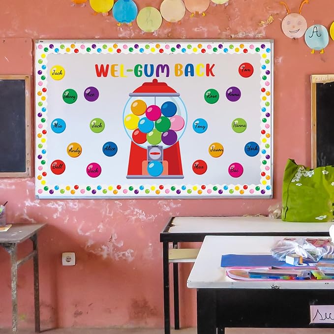 Gilprop 100 Pcs Gumball Machine Bulletin Board Decoration Set Colorful Bubble Gumballs Borders Cutouts for Back to School Classroom Welcome Candy Theme Chalkboard Wall Decor