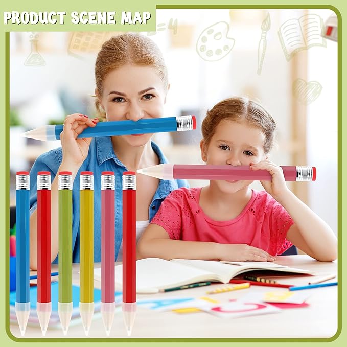 Tinlade 6 Pcs Wooden Jumbo Pencils for Prop, Funny Huge Giant Pencil 14 Inch for Home and School Supplies, Kids, Preschoolers(14 Inch)