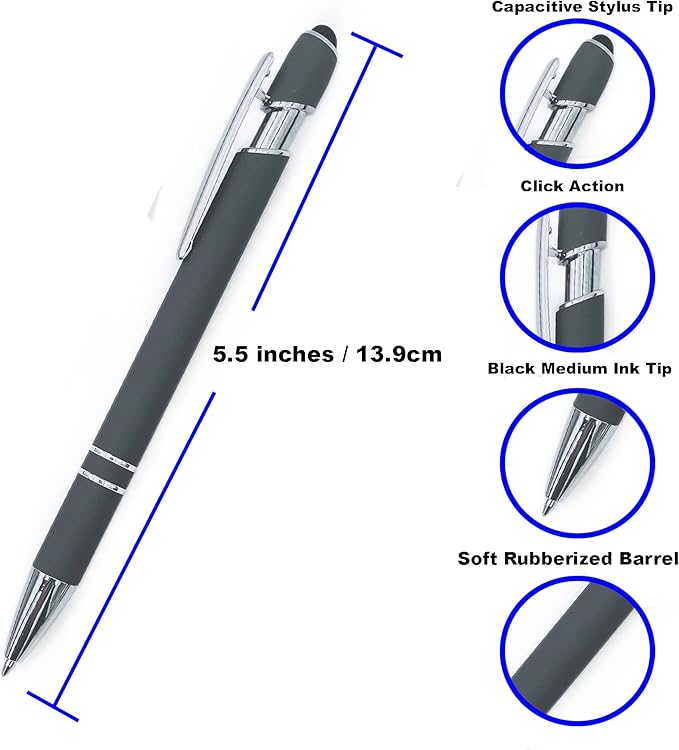 Pack of 5 Rubberized Comfort Soft Touch 2 in 1 Ballpoint Pen Capacitive Stylus Tip, Premium Metal Medium Point, Black Ink, Compatible with Most Touch Screens (Dark Gray)