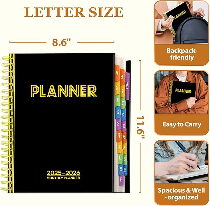 19 Months Planner, 2026 Weekly & Monthly Planner, 8.5"×11" Daily Weekly Monthly Calendar Planner, June 2025-Dec 2026 Organizers with Habit Tracker for School & Office, Colored Tabs, Stickers, Pocket, Ruler Bookmark-Black