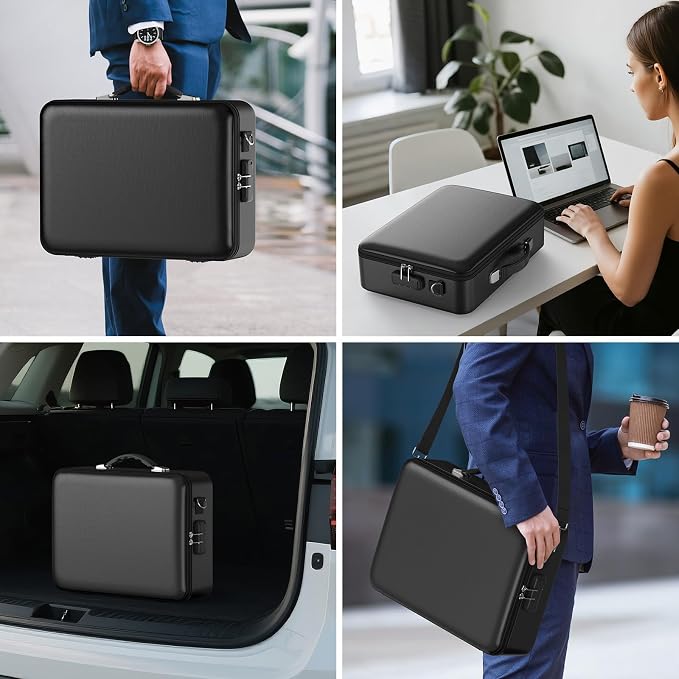Fireproof Document Box with Lock, Durable Hard Case File Organizer Fire Safe Box, Hard-Shell Design Waterproof Fireproof Safe Important Document Organizer (Blue with Shoulder Strap)