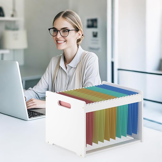 Hanging File Organizer Box for Letter Size, 2 Pack Bamboo File Folder Organizer, Storage Moving Boxes with Handle Wood Desk Filing Box for Office Banker Document