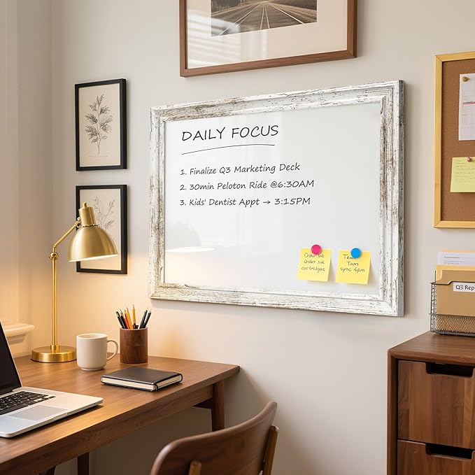 White Board for Wall, 24'' x 18'' Magnetic Dry Erase Board, Decorative Whiteboard with Vintage Wooden Frame, Hanging Writing Board for Home Office School Dorm