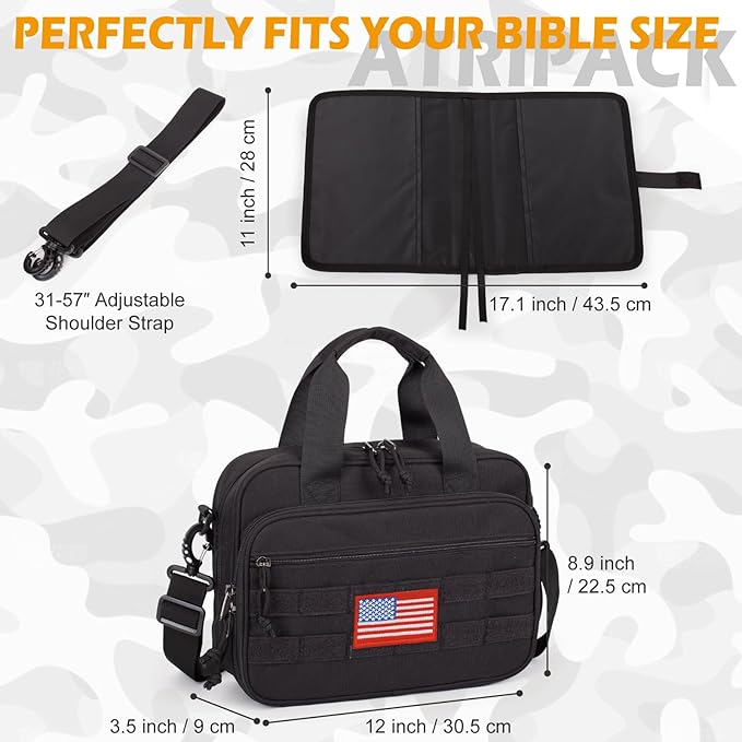 ATRIPACK Tactical Large Bible Cover for Men,Double Layer Bibles Bag With Detachable Book Carrying Case, Covers for Bible Organizer with Zippered Pockets,Church Case with Handle.