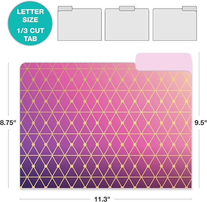 Global Printed Products Deluxe Designer Printed File Folders, 1/3 Cut Tab, Assorted Positions, Letter Size, 24/pk (Geometric Foil)