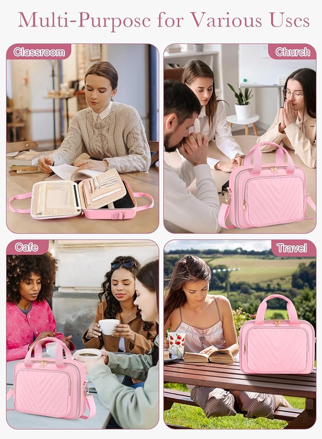 Pink Quilted Bible Bag with Study Supplies for Girls, Large Bible Cover Case for Women w/Journaling Highlighters Set & Shoulder Strap, Ladies Bible Holder Christian Gifts for Women & Teens