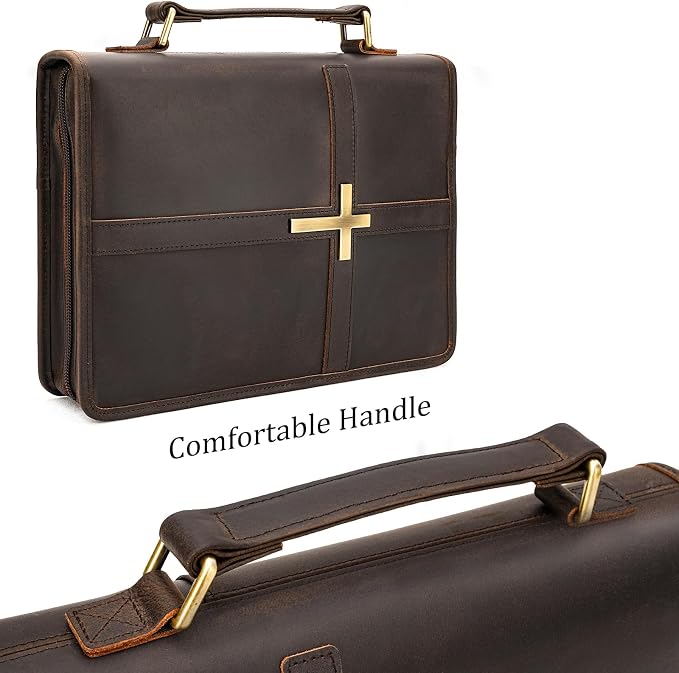 Polare Full Grain Leather Bible Cover with Cross, Christian Bible Carrying Case Organizer for Men & Women, Vintage Church Bible Study Bag with YKK Zipper, Religious Gift (Dark Brown(Metal Cross))