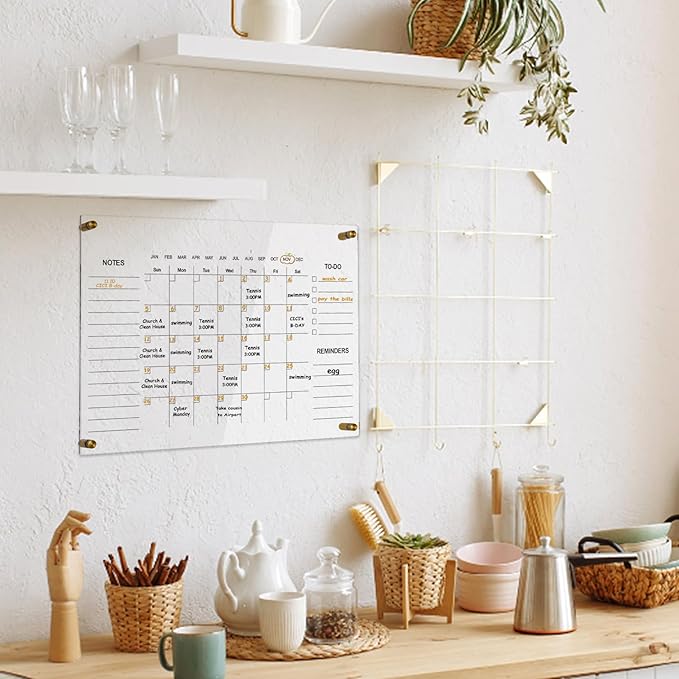 Clear Acrylic Calendar Dry Erase for Wall, Family Planner, Monthly Calendar Dry Erase Whiteboard for Home, Office, 24" x 16" Reusable White Board(YL-4060)