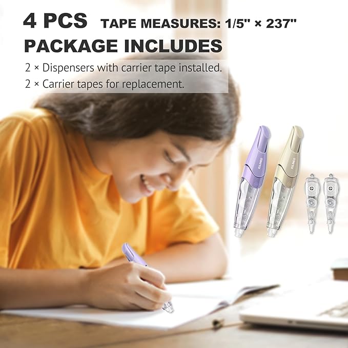 Refillable Retractable White Correction Tape, Pen Shaped White Smooth Pull Out Japanese Aesthetic Cute Correction Tape for Office Supplies, 4 PCS (ZH-87)