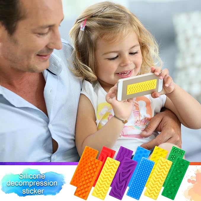 Ireer 12 Pcs Textured Sensory Stickers Silicone Calm Stickers Thick Sensory Strips Different Textures Mental Health Desk Fidget Decals for Anxiety Relief, Autism, ADHD Desk Gift