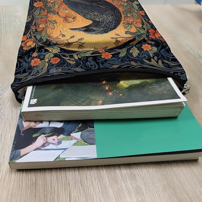 Vintage Flower&Raven William Morris Book Sleeve for Book Lovers, Bookish Book Protector with Zipper, Washable Fabric Book Cover for Paperbacks & Hardcovers,11.4 x 9.1Inches (Black-Raven, Medium)