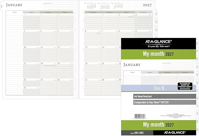 AT-A-GLANCE 2027 Planner Refill, Monthly, 8.5" x 11", Folio Size 5, Tabbed, 7-Ring Loose-Leaf (491-685-27)