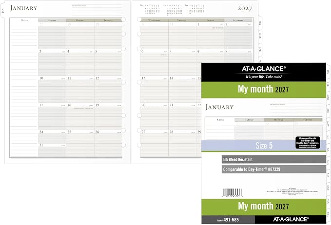 AT-A-GLANCE 2027 Planner Refill, Monthly, 8.5" x 11", Folio Size 5, Tabbed, 7-Ring Loose-Leaf (491-685-27)