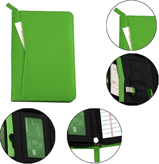 Lcjtop Junior Business Padfolio - A5 PU Leather Portfolio Binder & Zippered Binder Folder with 5 x 8 Writing Pad and Interior Storage Pocket Executive Business Organizer for Men Women,Green