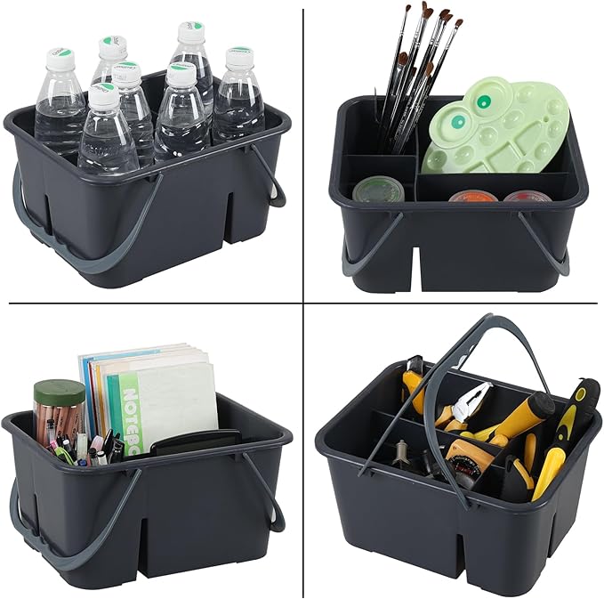 Plastic Divided Caddy Organizer with Handle, 4-Compartment Plastic Cleaning Caddy, Drak Gray, F