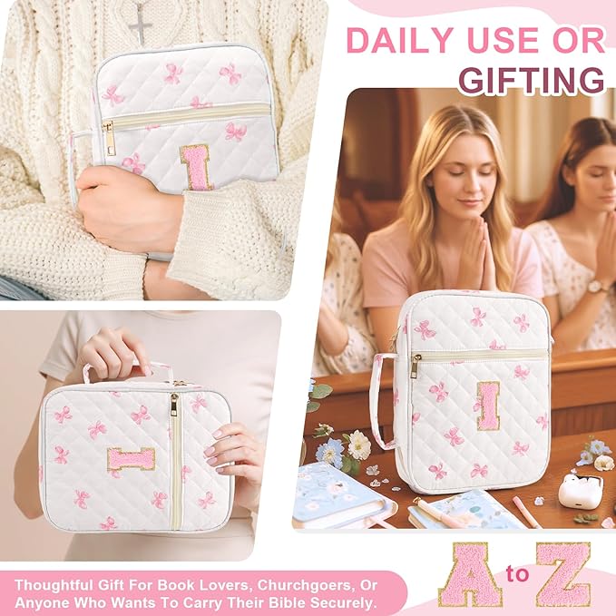 Personalized Initial Bible Cover Case for Women Girls Kid - Large Quilted Bible Case with Handle, Stylish Chenille Letter Bag Study Supplies, Perfect Christmas Gifts for Christians Women (Pink Bow-I)
