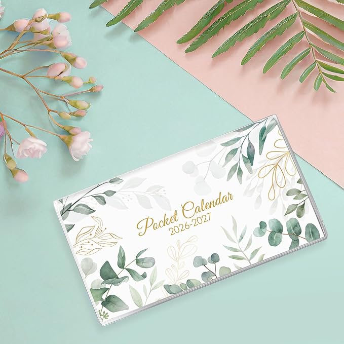 Pocket Calendar 2026-2027 for Purse, 2026-2027 Pocket Planner 24 Months with Soft Waterproof Cover and Premium Paper, 6.5" x 3.5", Leaf