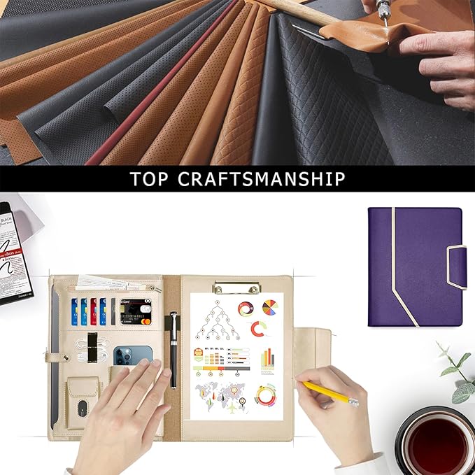 Toplive Purple Business Padfolio with Clipboard, A4/Letter Size, Card Holders, Document Sleeve, Professional Portfolio Case for Women & Men
