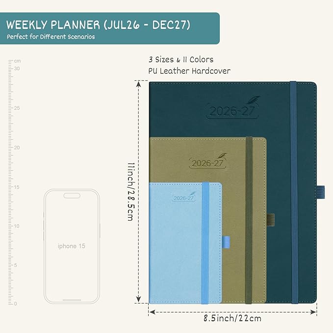 BEZEND Weekly Planner 2026-2027 (8.5" x 11") with Hourly Timeslots (Jul 26-Dec 27) 18 Months Academic Calendar & Monthly Tabs, Ideal for Students, Work & Home, PU Leather Hardcover -Cornflower