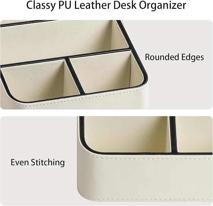 Remote Control Holder, PU Leather Small Desk Organizer with 4 Compartments, Nightstand Organizer Office Desk Accessories Desk Caddy for Countertop Bedside End Table (Cream)
