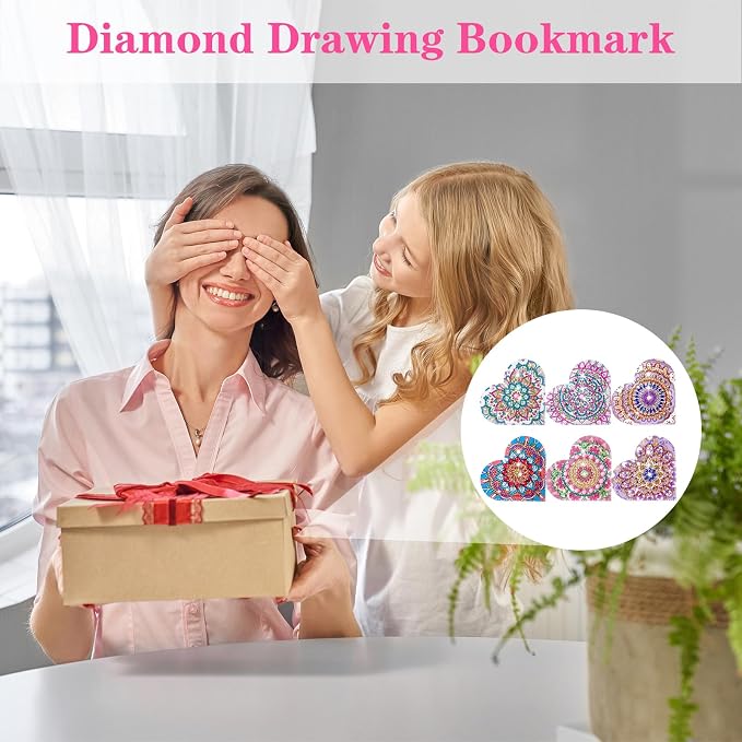 6 PCS Heart Diamond Painting Bookmarks, DIY Diamond Art Kits for Adults, Book Corner Protecting Bookmark Craft Set, Gift for Book Lovers (Heart Pattern)