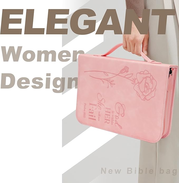 GUEER Bible Cover for Women, Bible Holder, Bible Cover Carrier Carrying Organizer Bag, Zipper and Pockets for Standard Size Bible, Gift for Women(Leather-Pink)