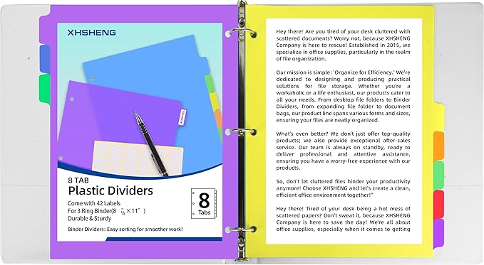 Dividers for 3 Ring Binders,5 TAB Binder Dividers,Plastic, Multicolor Binder separators with tabs,Colored 6 Sets
