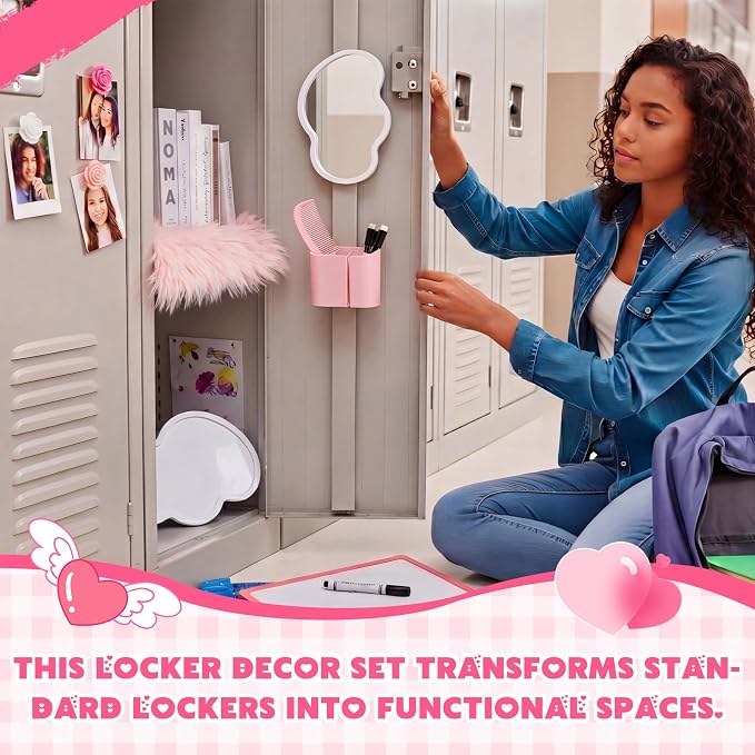 Sabary 10 Pcs Locker Accessories Kit Locker Decorations Supplies Including Magnetic Whiteboard Mirror Organizer Markers Rug Cute Flower Magnets and Comb for Office Back to School Essentials (Pink)
