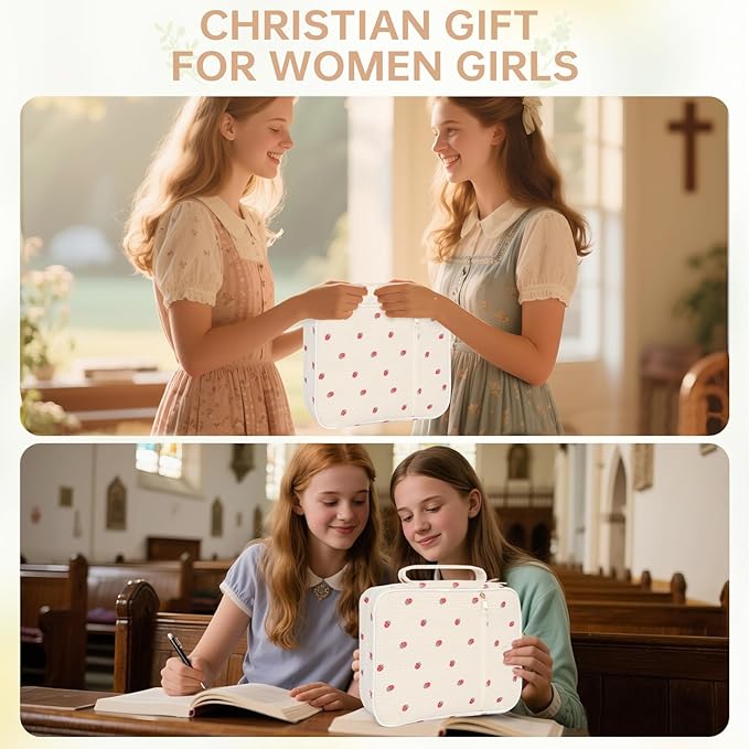 Bible Cover Case for Women Corduroy Bible Case for Girls Large Bible Cover with Handle Bible Study Supplies Accessories Christian Gifts for Women (red Strawberry, Medium)