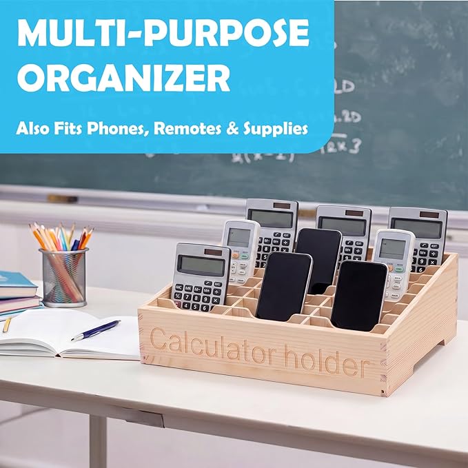 Ripeng 24 Grid Calculator Holder for Classroom with 24 Number Stickers Wooden Calculator Organizer Box Cell Phone Organizer Desktop Storage Tray Caddy for Classroom Office Meeting Room