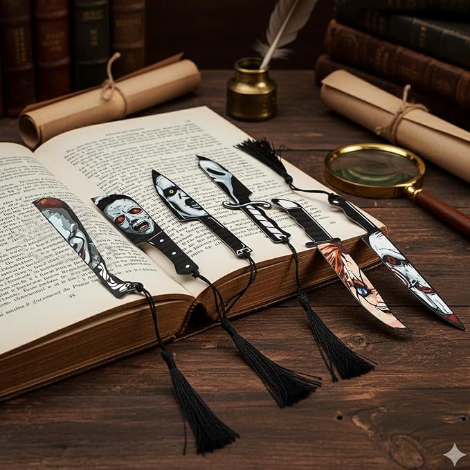 Rongji Jewelry Horror Movie Knife Acrylic Bookmark, Gothic Character Dagger with Tassel, 10 Knife
