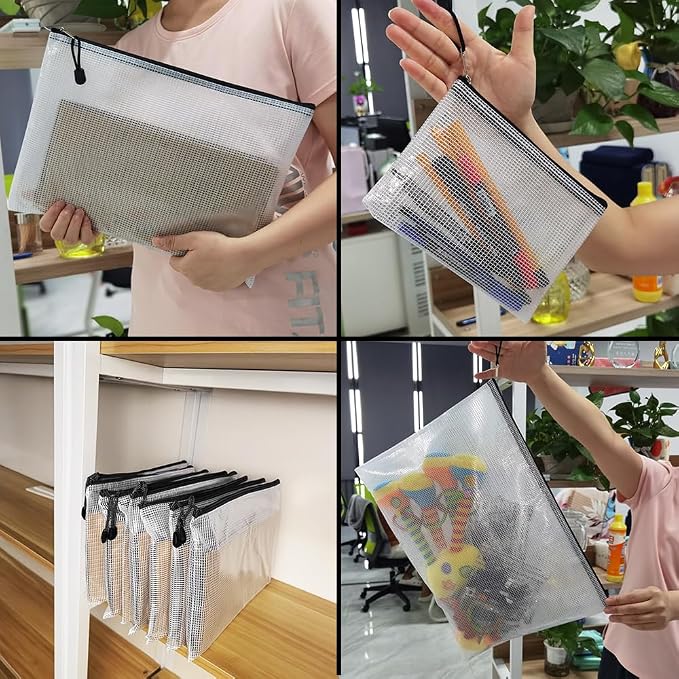 10 Pcs Zipper File Bags, Waterproof Plastic Mesh Pouch for Office School, Board Game Storage Bags (Multi-Size, White and Black)