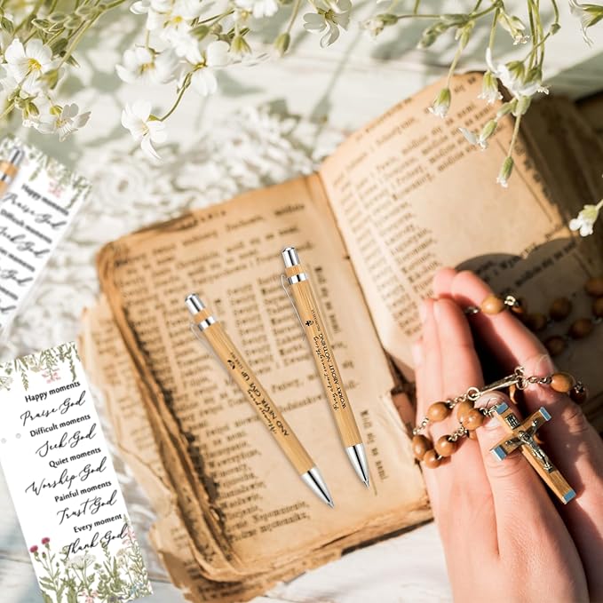 10 Set Christian Religious Gifts Bulk Include Bible Verse Pens and Inspirational Bookmarks Scripture Quote Bible Study Group Church Gifts for Christian Graduation Mother's Day Pastor (Bamboo)